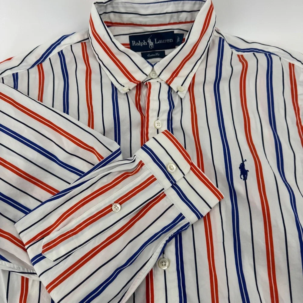 Ralph Lauren Mens Custom Fit Striped Button Down Shirt White Red Blue Large